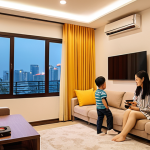 **Prompt:** A vibrant and cozy living room in a modern Vietnamese apartment. A young Vietnamese family (parents and a child) are seen effortlessly interacting with smart home devices. One person is speaking a command to a discreet smart speaker, and the smart lighting subtly changes color to a warm, inviting hue, while automated curtains draw open to reveal a city view. The scene should convey a sense of comfort, ease, and seamless integration of AI and IoT technology in daily life, highlighting the convenience for Vietnamese households.
