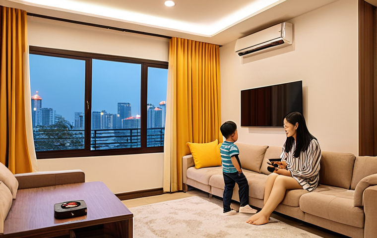 **Prompt:** A vibrant and cozy living room in a modern Vietnamese apartment. A young Vietnamese family (parents and a child) are seen effortlessly interacting with smart home devices. One person is speaking a command to a discreet smart speaker, and the smart lighting subtly changes color to a warm, inviting hue, while automated curtains draw open to reveal a city view. The scene should convey a sense of comfort, ease, and seamless integration of AI and IoT technology in daily life, highlighting the convenience for Vietnamese households.