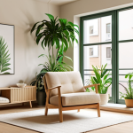 A bright, serene urban apartment living space bathed in natural light. Large windows open to lush green indoor plants, creating a calming atmosphere. The interior features minimalist design with warm wooden accents and a soft, neutral color palette (beige, cream, light green). A comfortable armchair invites relaxation, embodying a "healing" home concept for mental well-being and tranquility.