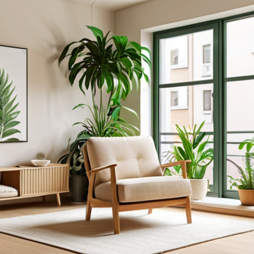 Home 19 A bright, serene urban apartment living space bathed in natural light. Large windows open to lush green indoor plants, creating a calming atmosphere. The interior features minimalist design with warm wooden accents and a soft, neutral color palette (beige, cream, light green). A comfortable armchair invites relaxation, embodying a "healing" home concept for mental well-being and tranquility.