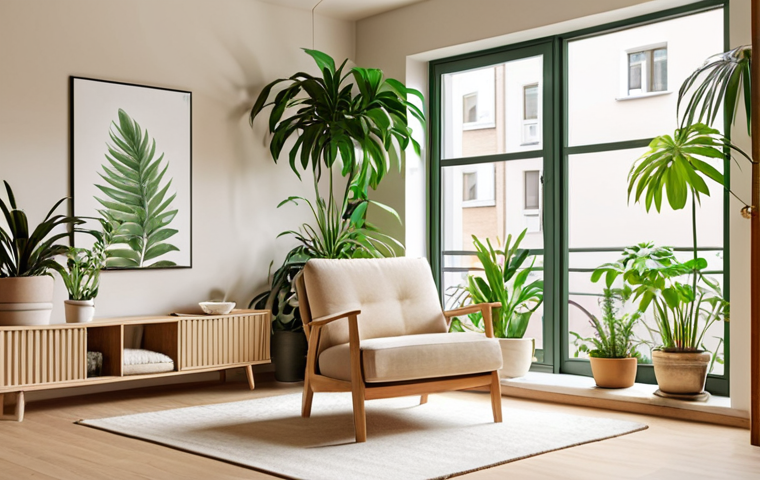A bright, serene urban apartment living space bathed in natural light. Large windows open to lush green indoor plants, creating a calming atmosphere. The interior features minimalist design with warm wooden accents and a soft, neutral color palette (beige, cream, light green). A comfortable armchair invites relaxation, embodying a "healing" home concept for mental well-being and tranquility.