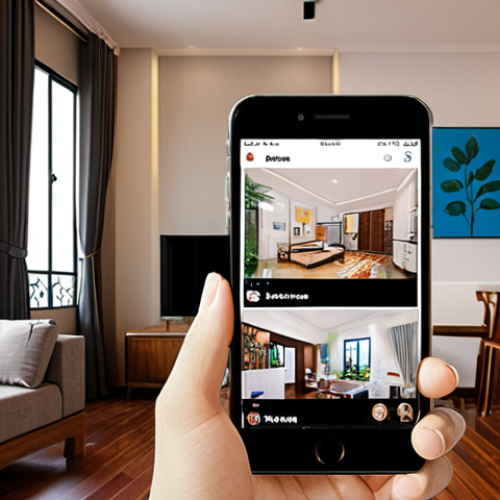 Home 18 A Vietnamese young adult, captivated, browsing real estate listings and interior design inspiration on a smartphone. The phone screen displays a dynamic social media feed with vibrant images of apartments for rent in Saigon or Hanoi, stylish minimalist and Indochine-inspired living spaces, and snippets of "room tour" videos. In the background, a cozy, modern Vietnamese apartment interior with subtle traditional accents. The overall mood is hopeful, connected, and easy, reflecting the seamless integration of digital search into finding one's dream home.