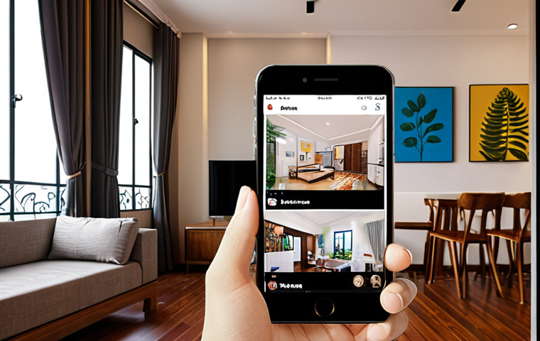 A Vietnamese young adult, captivated, browsing real estate listings and interior design inspiration on a smartphone. The phone screen displays a dynamic social media feed with vibrant images of apartments for rent in Saigon or Hanoi, stylish minimalist and Indochine-inspired living spaces, and snippets of "room tour" videos. In the background, a cozy, modern Vietnamese apartment interior with subtle traditional accents. The overall mood is hopeful, connected, and easy, reflecting the seamless integration of digital search into finding one's dream home.