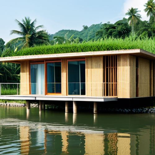 Home 9 A modern, climate-resilient floating house, designed with elevated foundations and flexible structures, gracefully situated on a calm river in a lush, green Vietnamese landscape. The architecture incorporates natural and recycled materials such as sturdy bamboo and warm, reclaimed wood for its exterior, along with eco-friendly non-fired bricks. The house exudes innovative design, blending seamlessly with its surroundings under a bright, clear sky. professional photography, high quality, safe for work, appropriate content, fully clothed, perfect anatomy, correct proportions, natural pose, modest, family-friendly.