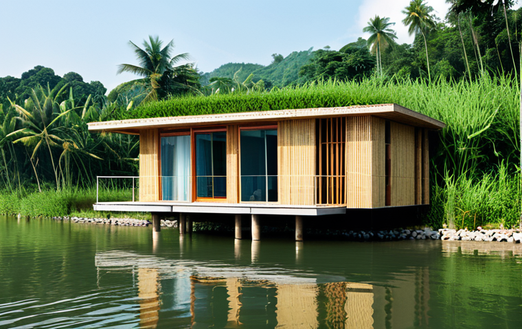 A modern, climate-resilient floating house, designed with elevated foundations and flexible structures, gracefully situated on a calm river in a lush, green Vietnamese landscape. The architecture incorporates natural and recycled materials such as sturdy bamboo and warm, reclaimed wood for its exterior, along with eco-friendly non-fired bricks. The house exudes innovative design, blending seamlessly with its surroundings under a bright, clear sky. professional photography, high quality, safe for work, appropriate content, fully clothed, perfect anatomy, correct proportions, natural pose, modest, family-friendly.