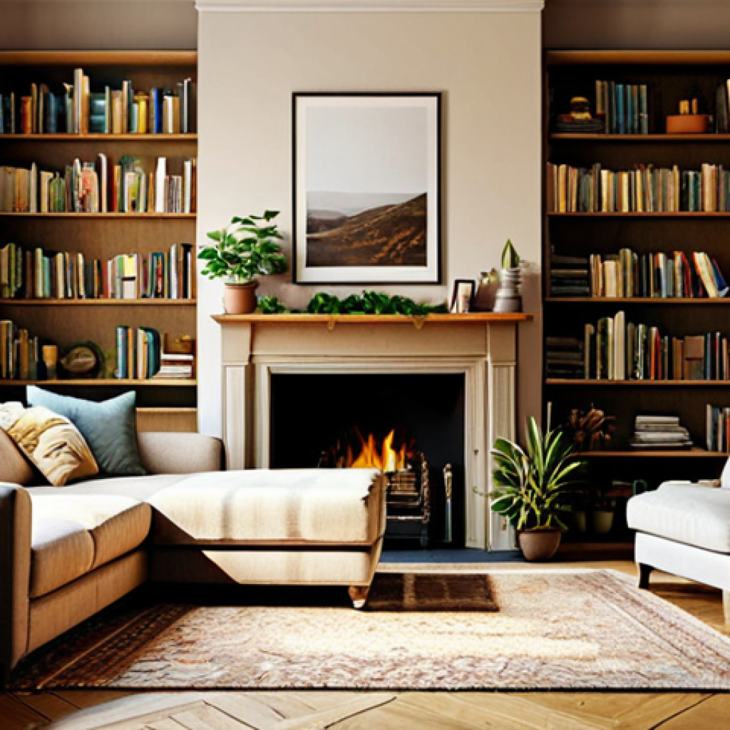 **Cozy & Warm Living Room:** "A cozy living room bathed in warm, golden light. A comfortable sofa with many throw pillows, a soft rug, and a fireplace. Bookshelves filled with books and small plants add character. The scene evokes feelings of peace and relaxation. Safe for work, appropriate content, fully clothed, professional, modest, perfect anatomy, natural proportions, high quality, interior photography."