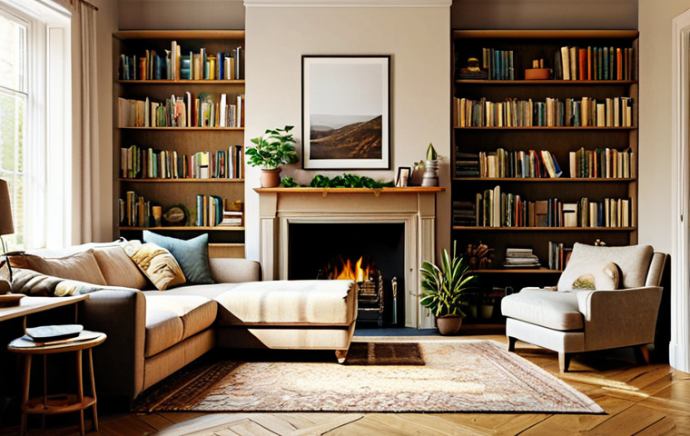 **Cozy & Warm Living Room:** "A cozy living room bathed in warm, golden light. A comfortable sofa with many throw pillows, a soft rug, and a fireplace. Bookshelves filled with books and small plants add character. The scene evokes feelings of peace and relaxation. Safe for work, appropriate content, fully clothed, professional, modest, perfect anatomy, natural proportions, high quality, interior photography."