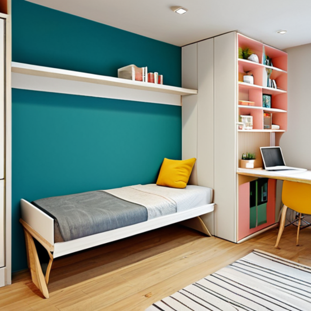 Smart Small Apartment**

A compact, well-organized apartment interior showcasing multi-functional furniture: a sofa bed, a wall-mounted folding desk, and vertical shelving. The color scheme is bright and airy with pastel accents. A fully clothed, professional-looking young woman is working at the desk. Perfect anatomy, correct proportions, natural pose. Safe for work, appropriate content, fully clothed, modest, professional. High quality render.

**