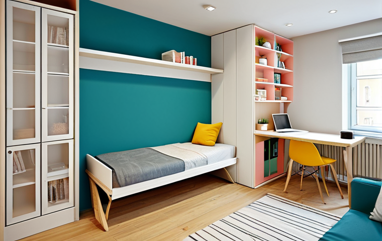 Smart Small Apartment**
A compact, well-organized apartment interior showcasing multi-functional furniture: a sofa bed, a wall-mounted folding desk, and vertical shelving. The color scheme is bright and airy with pastel accents. A fully clothed, professional-looking young woman is working at the desk. Perfect anatomy, correct proportions, natural pose. Safe for work, appropriate content, fully clothed, modest, professional. High quality render.
**