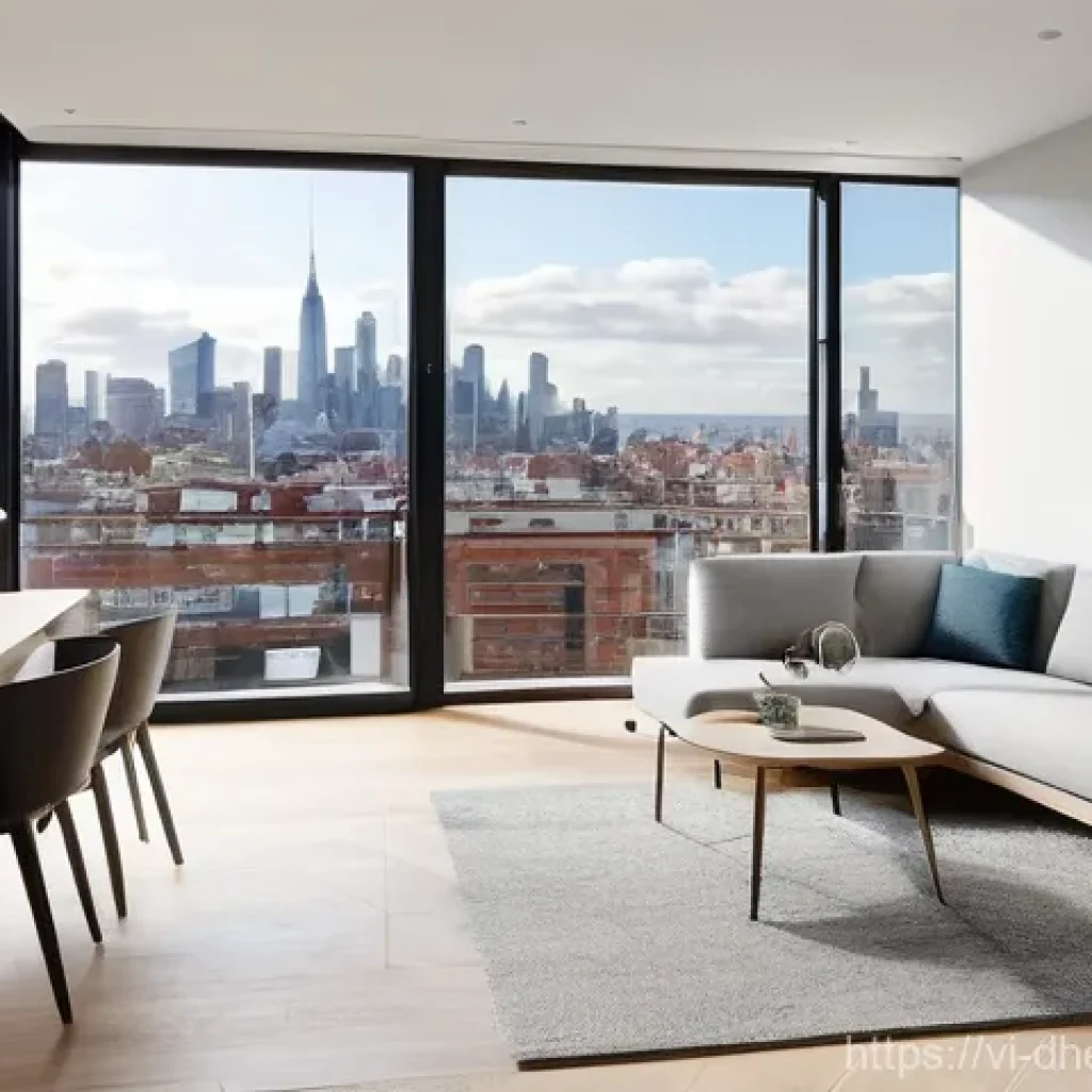 미래 주거 형태와 원격 근무 - **A versatile and elegant open-plan living room in a modern urban apartment.** The space features a ...