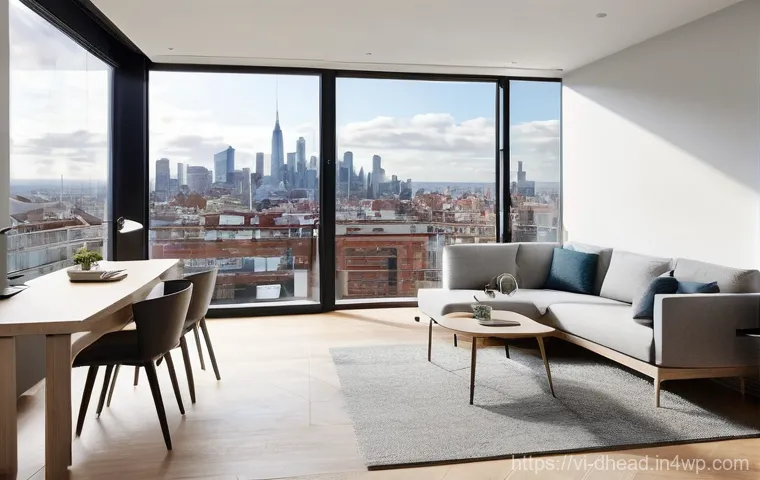 미래 주거 형태와 원격 근무 - **A versatile and elegant open-plan living room in a modern urban apartment.** The space features a ...