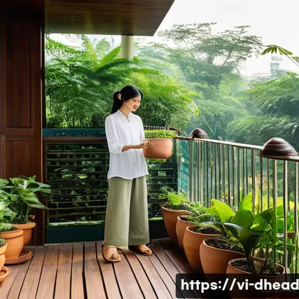 주거 형태에서의 건강과 웰빙 - **Prompt: Sunlit Vietnamese Apartment Balcony with Urban Green Oasis**
A bright and airy balcony...