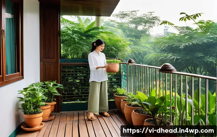 주거 형태에서의 건강과 웰빙 - **Prompt: Sunlit Vietnamese Apartment Balcony with Urban Green Oasis**
A bright and airy balcony...