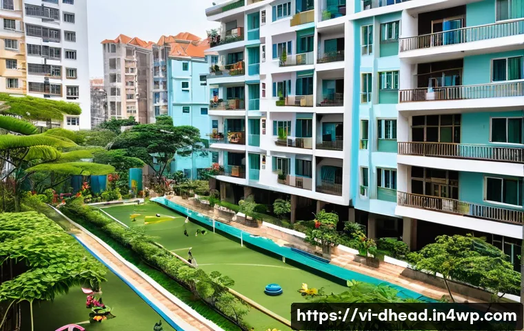 주거 형태의 변화를 통한 사회적 통합 - A vibrant urban apartment complex in Ho Chi Minh City during daytime, showing diverse families of va...