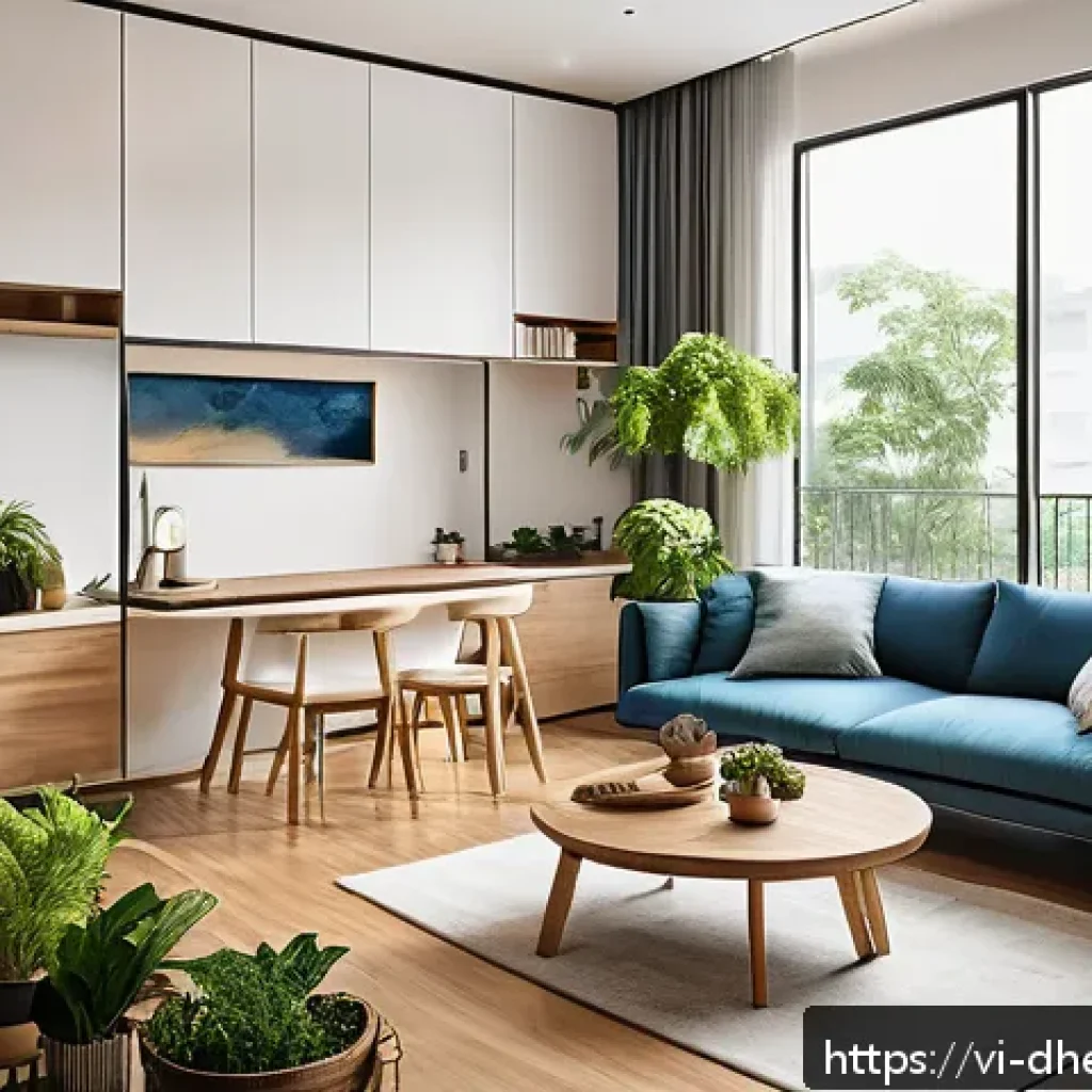 복합 주택의 미래 라이프스타일 변화 - A modern multi-functional apartment living room in a Vietnamese urban complex, featuring flexible sp...