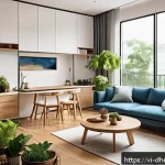 Home 19 복합 주택의 미래 라이프스타일 변화 - A modern multi-functional apartment living room in a Vietnamese urban complex, featuring flexible sp...