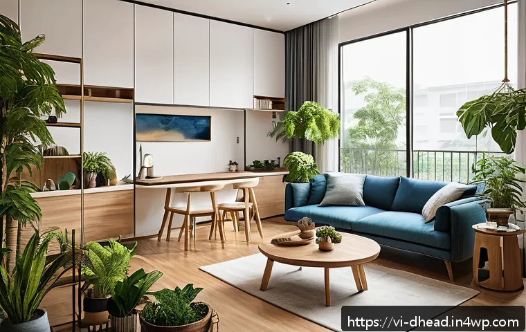 복합 주택의 미래 라이프스타일 변화 - A modern multi-functional apartment living room in a Vietnamese urban complex, featuring flexible sp...