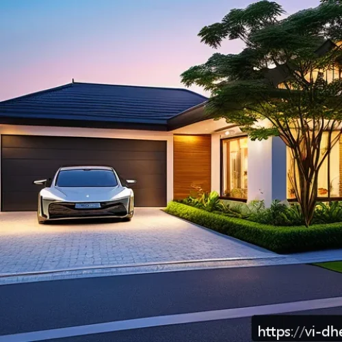 Home 30 자율주행차와 주거 형태의 변화 - A modern Vietnamese suburban smart home exterior at sunset, featuring a spacious multi-functional ga...