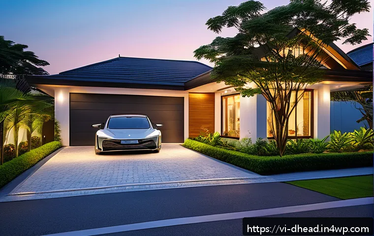 자율주행차와 주거 형태의 변화 - A modern Vietnamese suburban smart home exterior at sunset, featuring a spacious multi-functional ga...